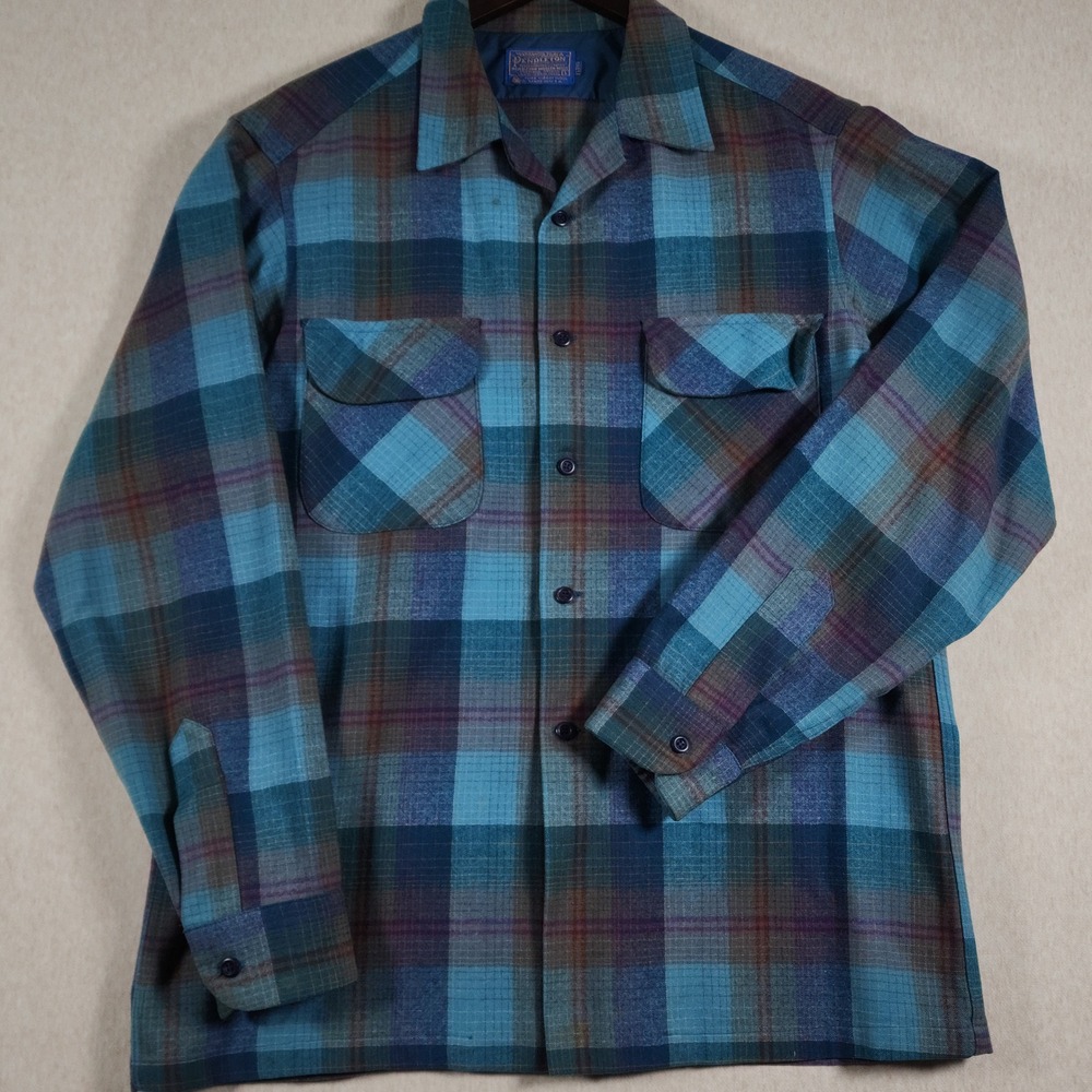 Pendleton Vintage Wool Board Shirt Large Long Blue Plaid Americana Workwear Y2K